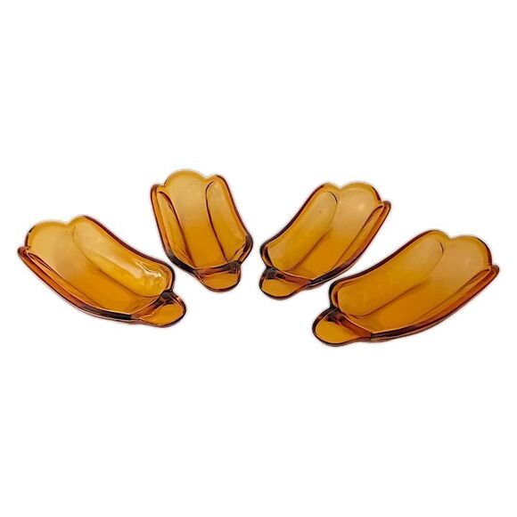 4 Amber Glass Banana Split Boat Sundae Dishes Set Vintage 70s 80s‎ Indiana Glass - Picture 8 of 16